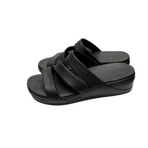 CROCS Monterey Strappy Platform Slip On Sandal Wo's 8 Black Wedge Heel NWOT